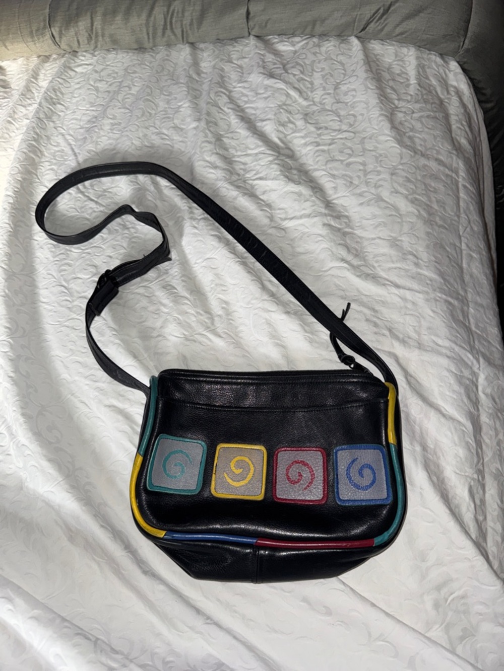 Black Leather Crossbody Bag with Multicolor Square Accents